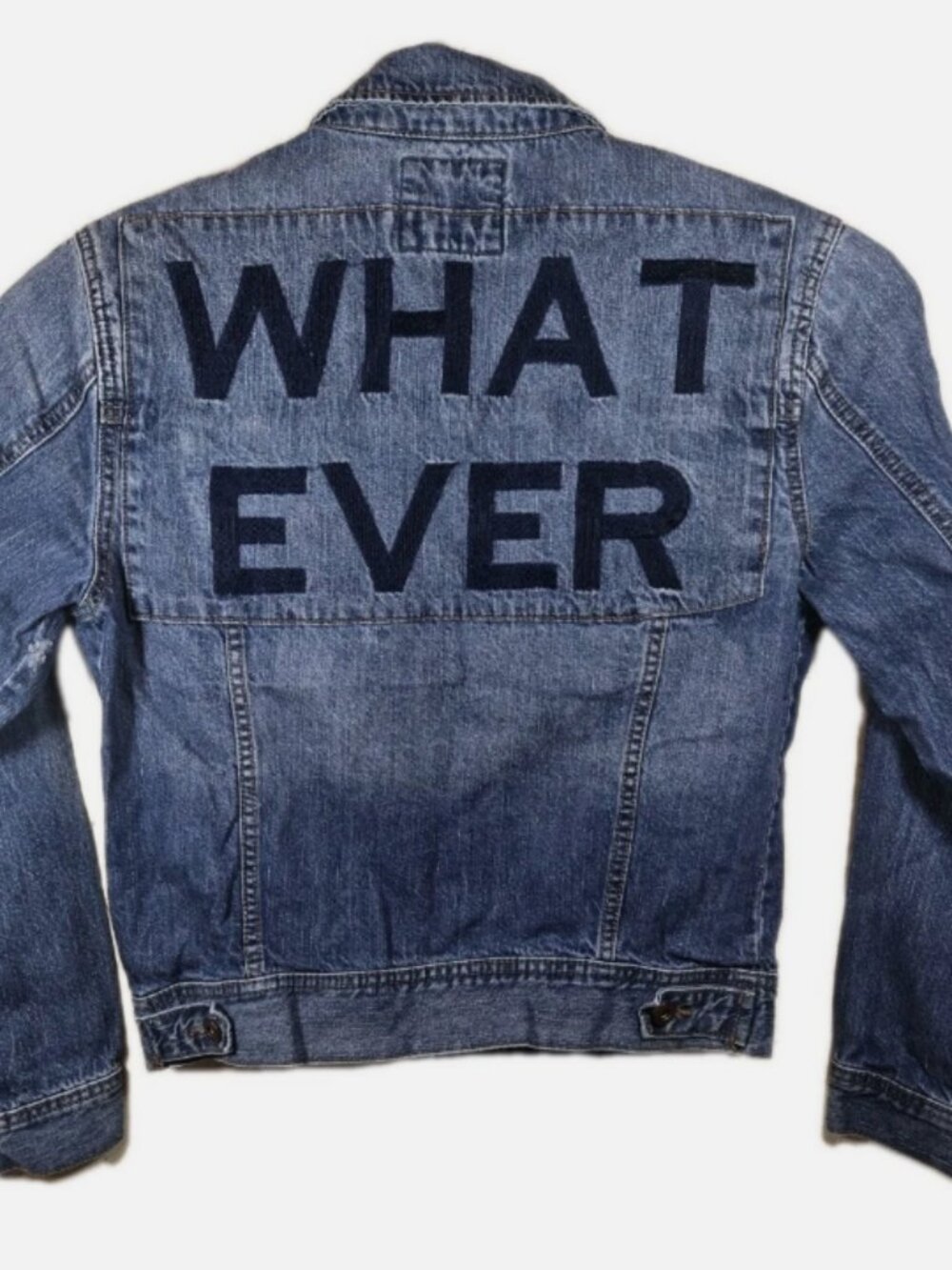 Forever 21 Denim Jacket "Whatever" on back, Blue Jean Coat Women's Size Small